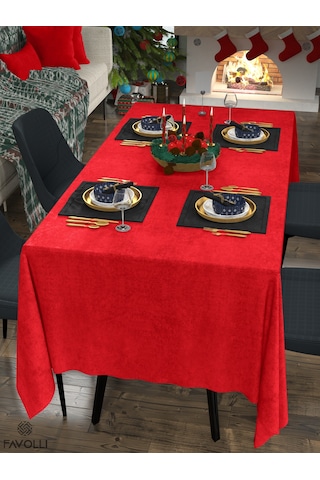 Kadife Dokulu Kırmızı Renk Masa Örtüsü Kırmızı