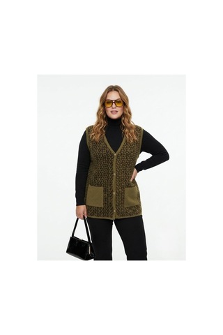 Onno Style Women Çelik Örgü Klasik Leopar Desen Triko Yelek Bej