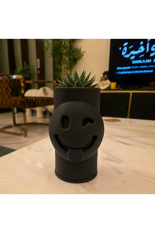 En-cag 3d Baskı Emoji Planter - Göz Kırpan Yüzlü Sukulent Saksısı-siyah Bss Standart