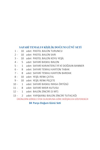 Safari Temalı 8 Kişilik Doğum Günü Seti