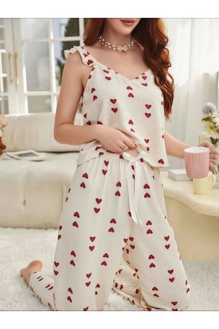 Kadın Ekru Kırmızı Kalp Desenli Yumuşak Pamuklu Uzun Pijama Takımı 5136 Beden: L/xl, Renk: Ekru
