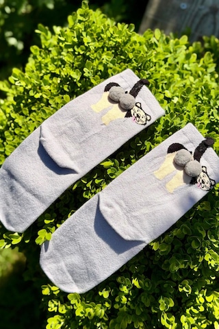 Lousocks Unisex Gri Dilini Çıkaran Köpek Desenli Ponpon Soket Çorap