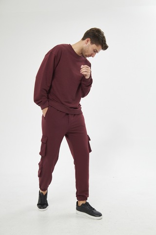 Unisex Bordo 3 Iplik Jogger Rahat Kalıp Kargo Cepli Eşofman Altı Bordo