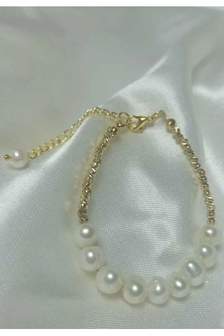 Dorika Detaylı Gerçek İnci 24k Altın Kaplama Bileklik Beyaz Tek E Gold