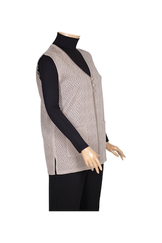 Hesna Kadın Yakut Triko Ajurlu Cepli Düğmeli Yırtmaçlı Taş Beji Yelek Bej