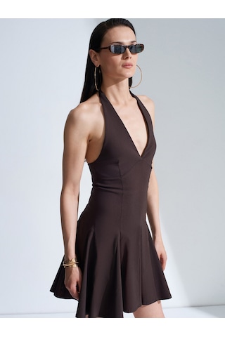 Dilvin 91633 Halter Yaka Mini Elbise-koyu Kahve