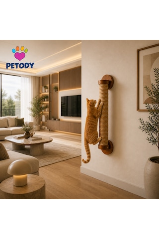 Petody Bastion - Doğal Ahşap Duvara Monte Kedi Tırmalama Direği