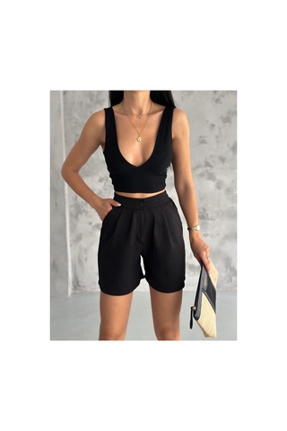 Winmoda34 Kadın Trend Keten Şort 2 Cep siyah