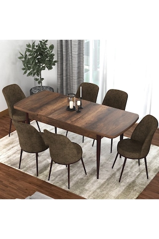 Canisa Concept Kor Serisi 70x114 Açılabilir Mutfak Masası Takımı Barok Desen Masa 6 Kahverengi Sandalye Masa Barok Sandalyeler Kahverengi