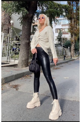 Incebelli Kadın Siyah Fitform Mat Deri Taytsiyahm Siyah