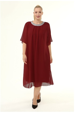 Bordo Büyük Beden Şifon Elbise 16E-1862 Bordo