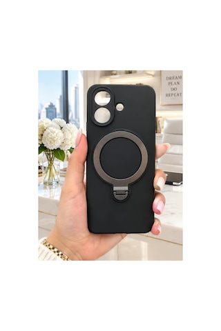 Poco X8 Pro İle Uyumlu 360 Derece Dönebilen Kalın Metal Magsafe Halka Stantlı İçi Kadife Korumalı Ultra Lüx Premium Silikon Kılıf Siyah