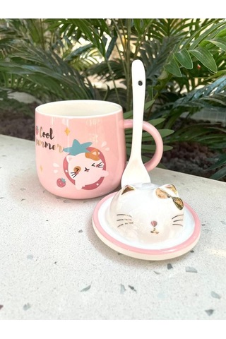 Kawai 3d Kedi Kapaklı Kaşıklı Kupa Bardak Pembe