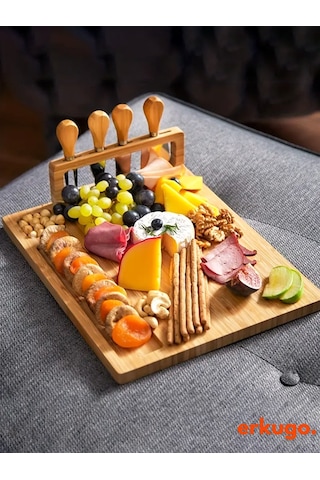 5 Parça Bambu Peynir Sunum Tahtası Ve Çatal - Spatula -mini Spatula - Bıçak Seti, Peynir Kesim Panosu, Sunum Seti Bambu