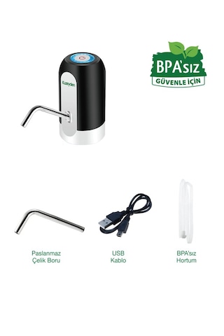 Bpa'sız Şarjlı Damacana Pompası Bpa'sız Boru 10l - 15l - 19l 1200 Mah Siyah