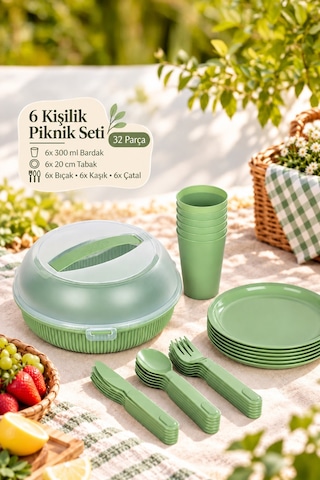 Porsima 162420-153d 32 Parça 6 Kişilik Taşınabilir Piknik Seti - Saklama Kutulu Yeşil Yeşil