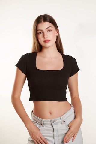 Mea Capio Kadın Fitilli Crop Kare Yaka Fitilli Kısa Kollu T-shirt Atlet Siyah