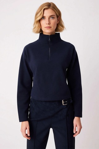 Benerly Kadın Dik Yaka Düşük Kol Fermuarlı Regular Kalıp Örme Sweatshirt Lacivert