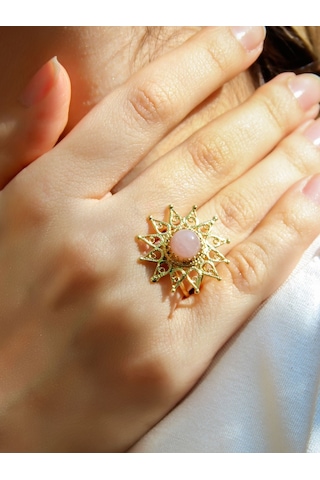 Esha Store Doğal Taş Pembe Kuvars Doğal Taşlı Yıldız Model Telkari Kadın Ayarlanabilir Altın Kaplama Yüzük Euy6 Pembe