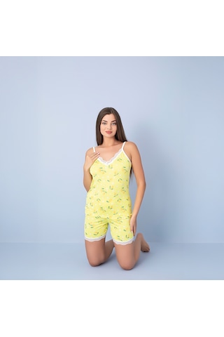 Pıove Kadın Limon Desenli Askılı Şortlu Pijama Takımı Dantel Detaylı Rahat Ev Giyim Seti sari