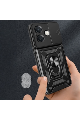 Teknomoda Oppo A3 Kılıf Yüzüklü Standlı Sürgülü Kamera Korumalı Tank Sert Silikon Kapak Siyah