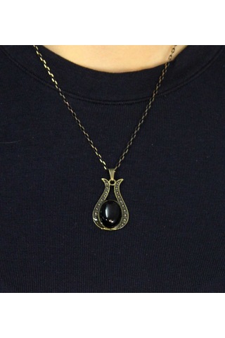 Doğal Taş Oniks Doğal Taşlı Lale Modelli Antik Kadın Kolye Euk44o Siyah