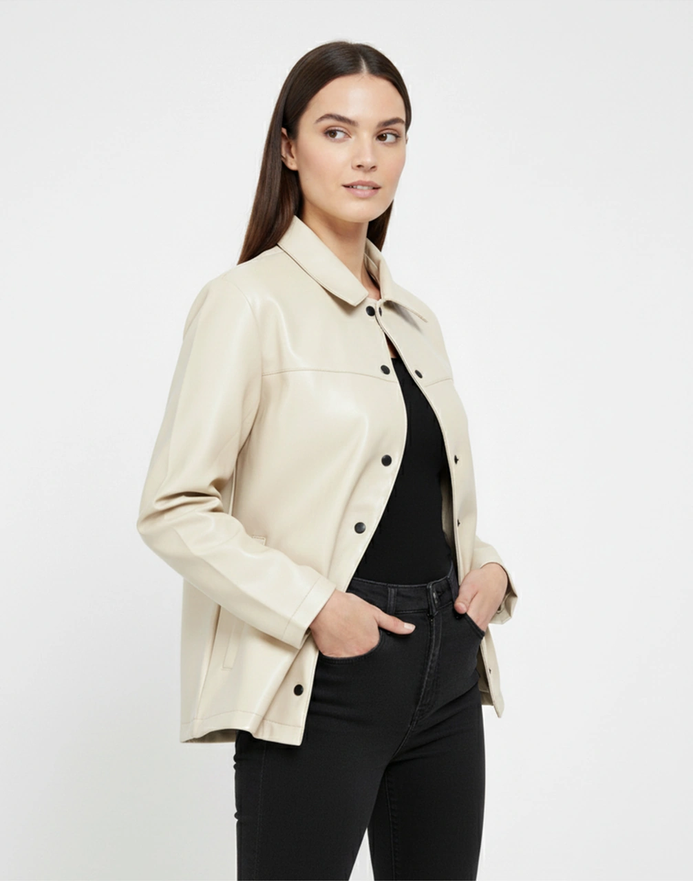 Kadın Çıtçıt Düğmeli - Suni Deri - Ceket -günlük Kullanım - Blazer Gömlek Yaka - Çift Cepli Açık Bej