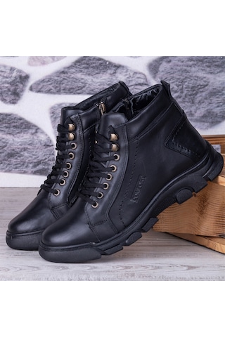 Ghattix Lass Kışlık Hakiki Deri Erkek Bot Fermuarlı Siyah Siyah