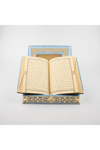 Raşel Kutulu Hediyelik Kuran-ı Kerim Orta Boy, Bebe Mavi, Elif-vav Gold Pleksi