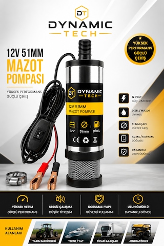 12 Volt Mazot Ve Su Zeytin Yağı Vs Sıvı Aktarma Pompası Dalgıç Pompa 60 Watt 51 Mm