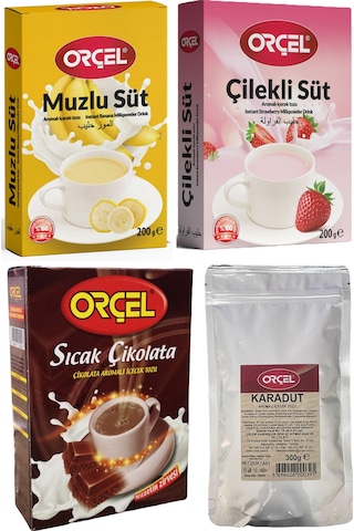 Orçel Sıcak Çikolata + Çilekli Süt + Muzlu Süt + Karadut Aromalı Toz İçecek 4'lü Orçel Sıcak Çikolata + Çilekli Süt + Muzlu Süt + Karadut Aromalı Toz İçecek 4'lü