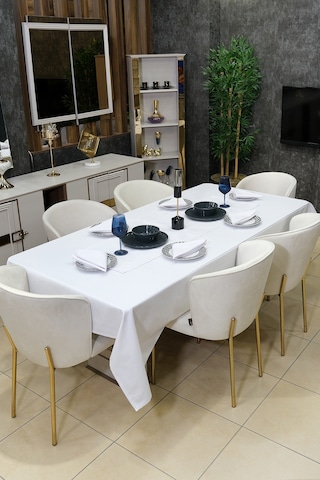Dream 8 Parça Masa Örtüsü Seti Çeyiz Seti Salon Masa Örtüsü, Runner, 6'lı Peçete Beyaz
