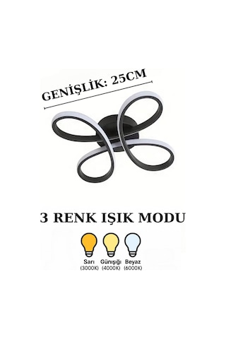 Papatya 4'lü Siyah Renk Plafonyer, Üç Renk Işıklı Modern, Ledli, Salon, Hol, Mutfak Avize