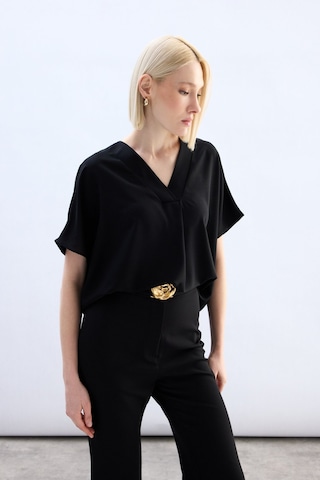 Sateen Geniş Kısa Kollu Bluz - Siyah-136758 Siyah
