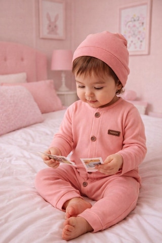 Babyhola Kız Erkek Bebek Tulum Bere Takım Pamuk Önden Düğmeli İnterlok 23630 Gül Kurusu