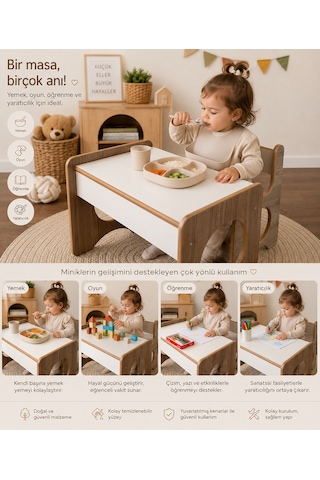 Montessori Çocuk Oyun, Aktivite,çalışma Masa Ve Sandalyesi 1-5 Yaş Uyumlu Beyaz - Safir Meşe