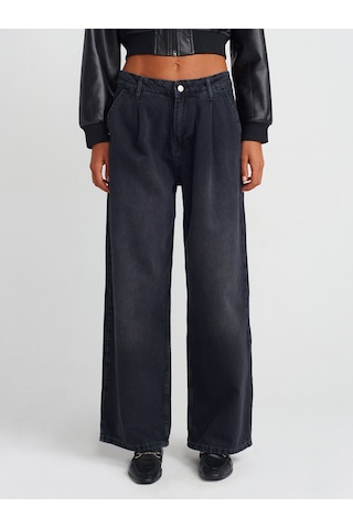 Dilvin 71733 Pileli Geniş Denim Pantolon Siyah