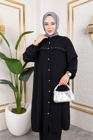 Ayrobin Kumaş İnci Detaylı Takım / T105 - Siyah Siyah