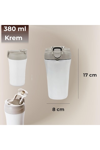 Paslanmaz Çelik Bardak Mug Termos 380 Ml Çift Katmanlı, Sızdırmaz Kapaklı-283 Krem