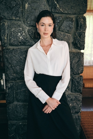 Sateen Aksesuarlı Klasik Gömlek - Ekru-136483 Ekru