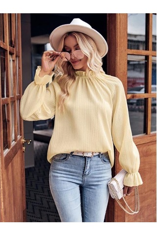 İlkbahar Ve Sonbahar Kadın Bluz Fırfırlı Yaka Jakarlı Gevşek Mizaç Banliyö Uzun Kollu Üst Açık Sarı