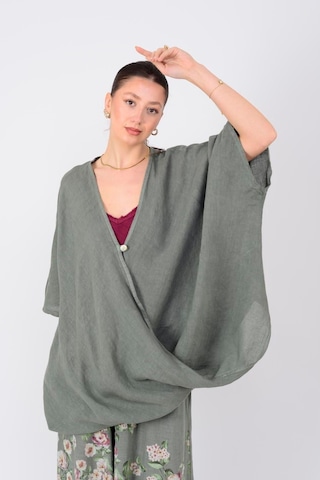 Bohem Kuruvaze Tek Düğmeli Keten Bluz-9884 Haki