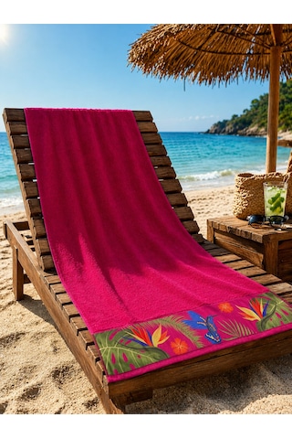 Pembe Plaj Havlusu %100 Pamuk Sertifikalı Tropik Desenli Havuz Havlusu Üstün Emici 75x150cm