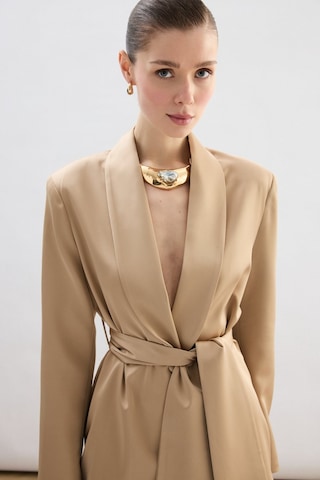 Sateen Kuşaklı Saten Ceket - Camel-137008 CAMEL