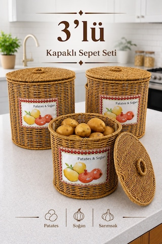 3'lü Hasır Kapaklı Patates Soğan Sepeti Seti Rattan Görünümlü Çok Amaçlı Mutfak Sepeti Diğer
