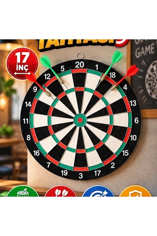 17 İnç Ahşap Dart Tahtası Seti 4 Metal Uçlu Dart Oku