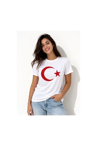 Kadın T-shirt Kısa Kol Bisiklet Yaka Ay Yıldız Bayrak Baskılı Tişört - Beyaz
