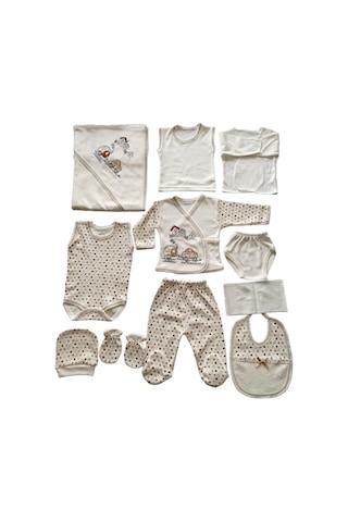 Bombinoo Bebe Arabalı Trenli 11 Parca Hastane Çıkışı Yenidoğan Zıbın Set Ekru - Kahverengi