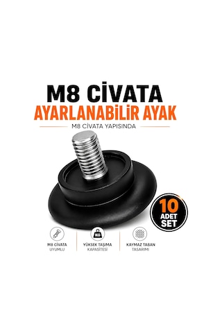 Lexroo 10 Adet Bingo Rotil Ayak M8 Civatalı 8 Mm Siyah Profil Ayağı Ayakları 3 Cm