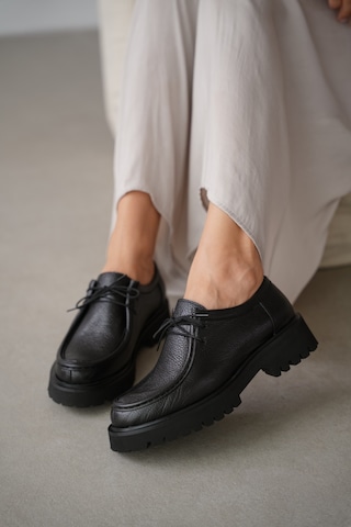 Orsel Hakiki Deri Bağcıklı Kadın Loafer- Siyah